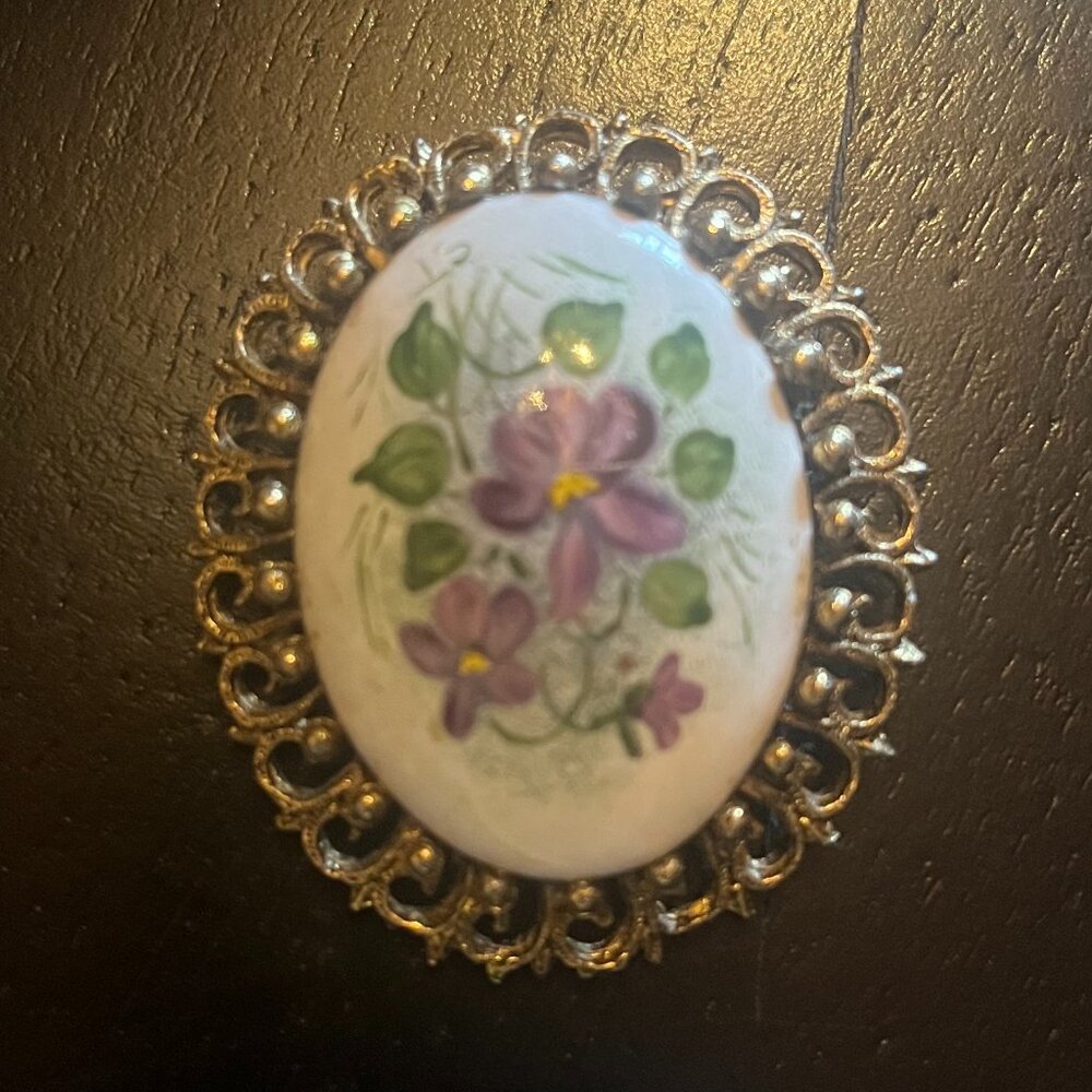 Vintage Gold Tone Ceramic Painted Purple and Green Flower Brooch or Pendant